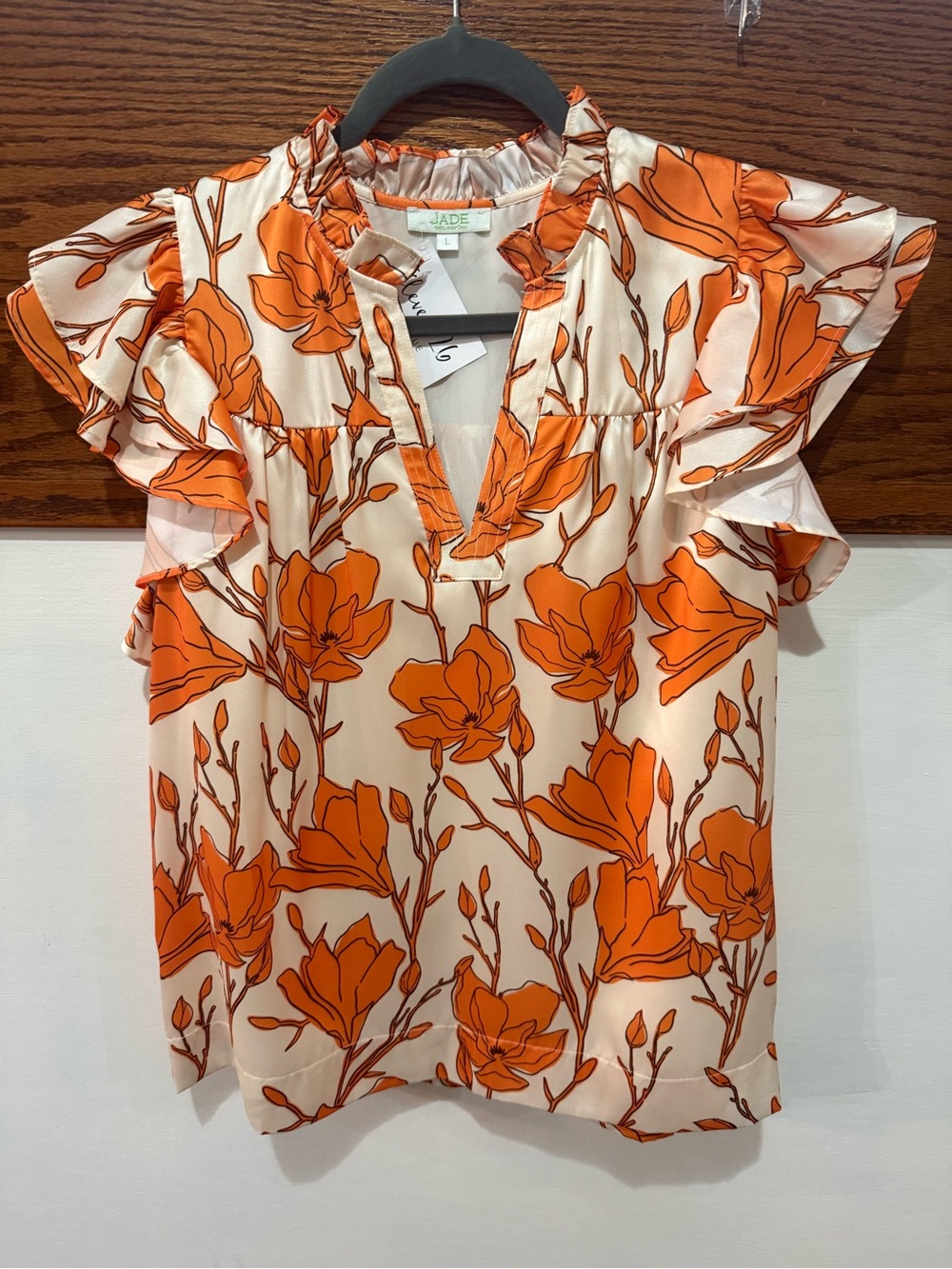 Jade Orange Floral V-Neck Ruffle Sleeve Blouse